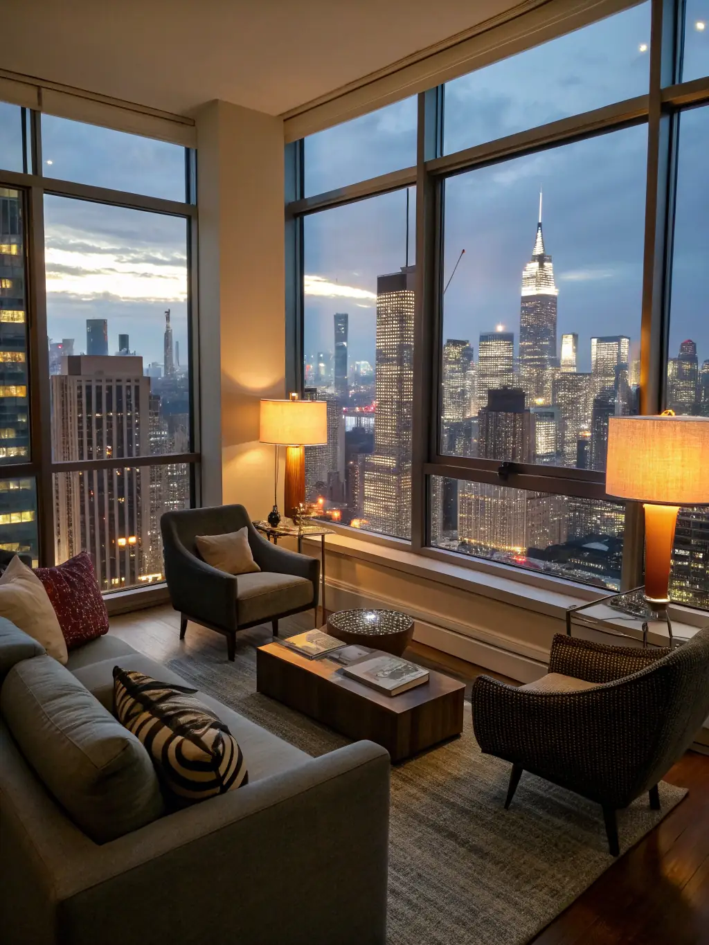 A modern apartment with floor-to-ceiling windows showcasing a city skyline at dusk, emphasizing the urban living experience offered by Cesar Properties.