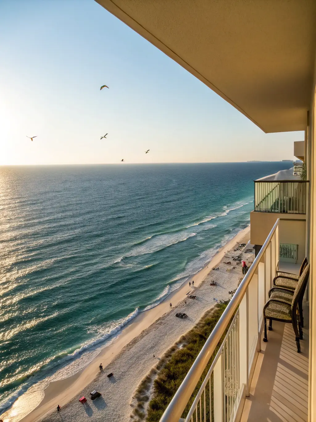 A luxurious condo overlooking the ocean, with a balcony showcasing panoramic views and high-end outdoor furniture, representing the upscale properties available through Cesar Properties.
